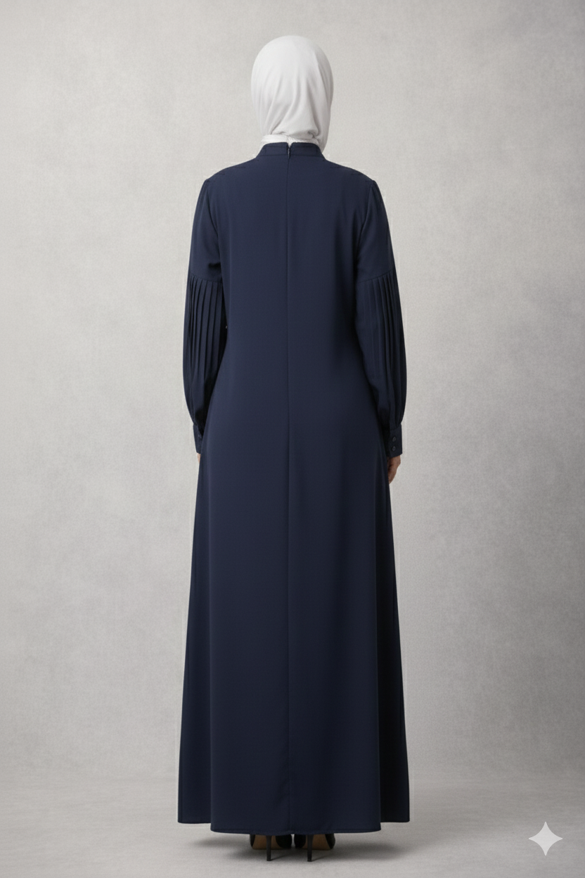 Navy Blue Chiffon Abaya – Zip Front Closed Abaya with Belt & Button Detail