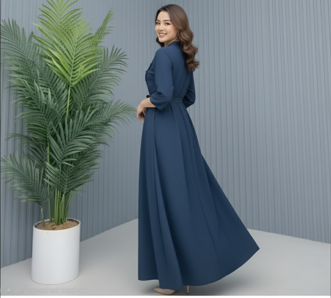 Blue Chiffon Abaya – Zip Front Closed Abaya with Belt & Button Detail