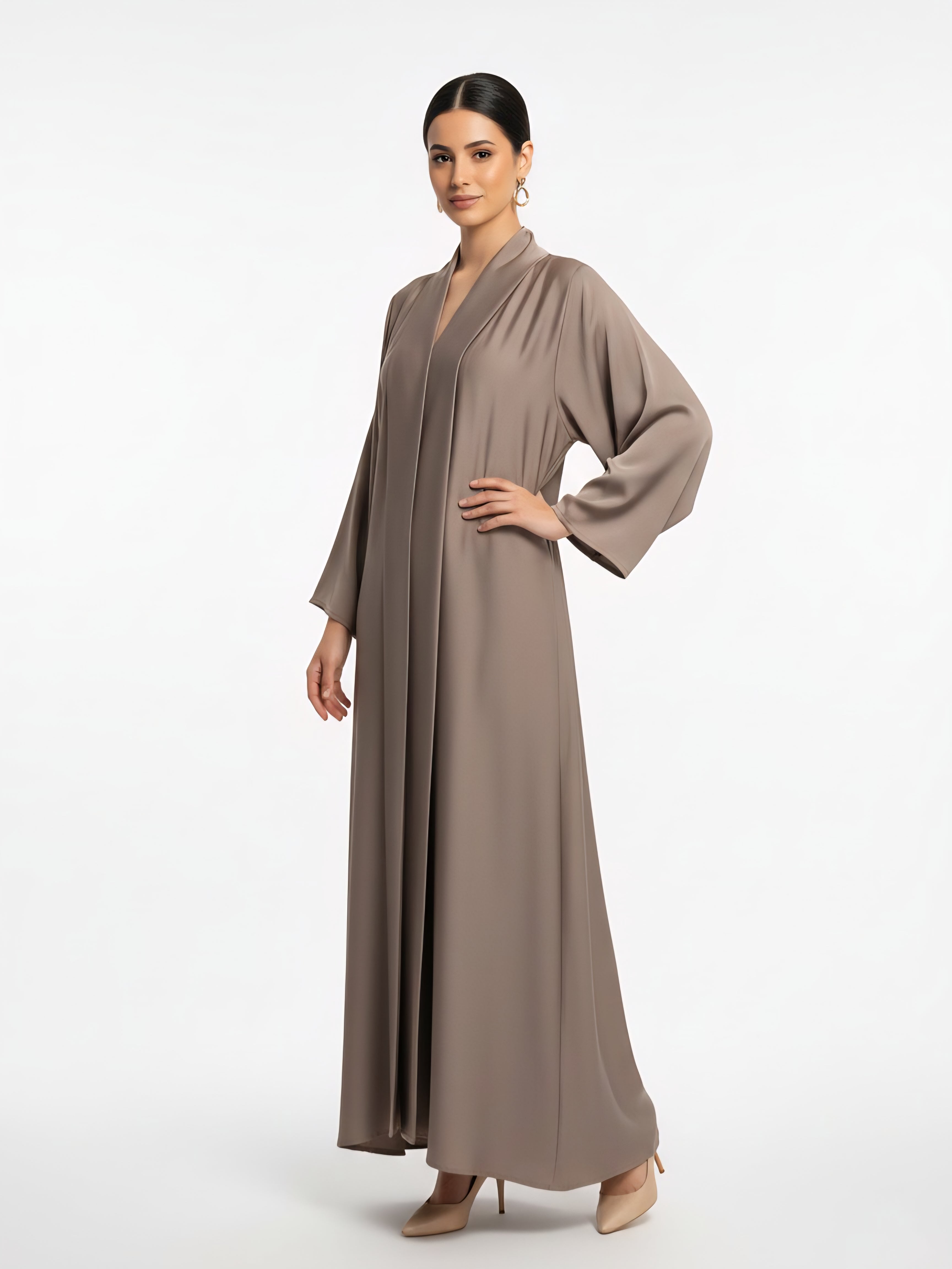 Taupe Chiffon Abaya – Elegant Closed Abaya with Pockets