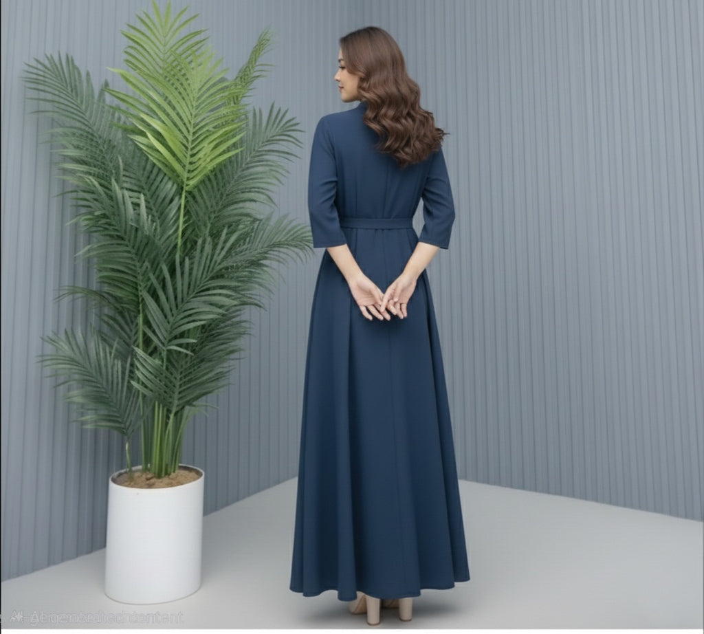 Blue Chiffon Abaya – Zip Front Closed Abaya with Belt & Button Detail