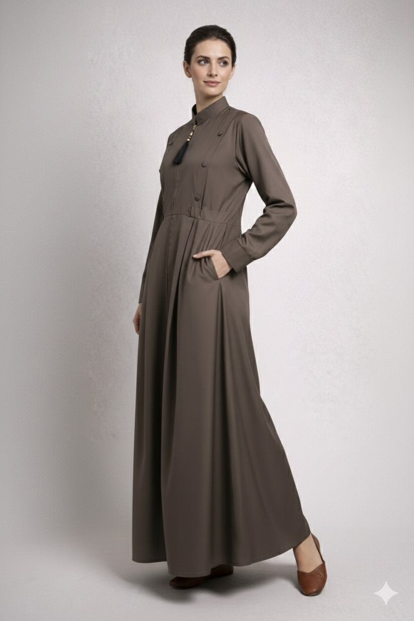 Muted Taupe Chiffon Abaya – Zip Front Closed Abaya with Belt & Button Detail