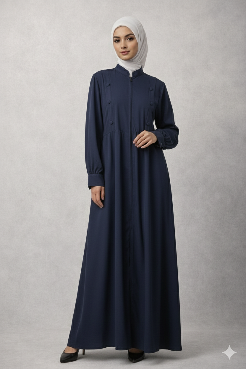 Navy Blue Chiffon Abaya – Zip Front Closed Abaya with Belt & Button Detail