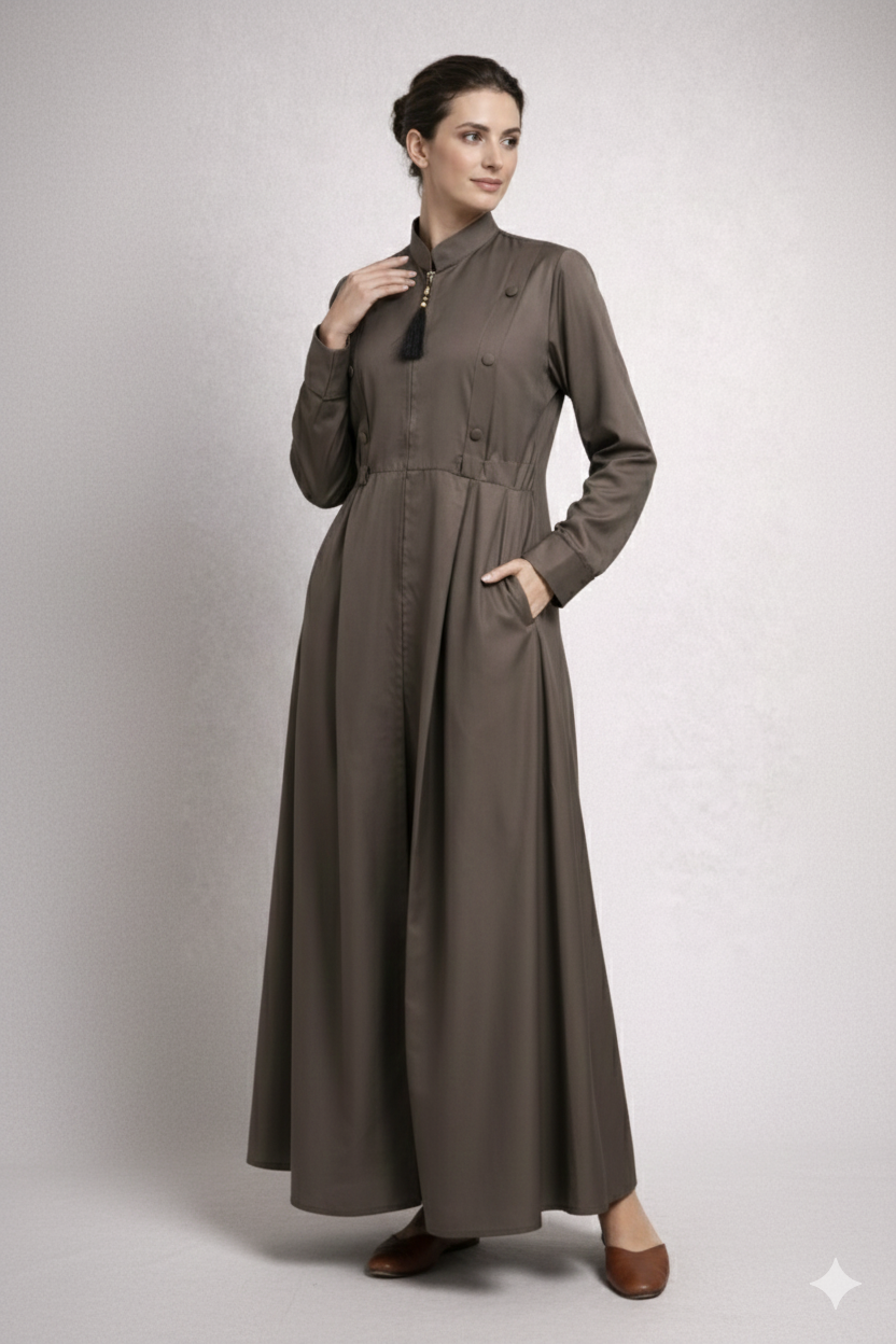 Muted Taupe Chiffon Abaya – Zip Front Closed Abaya with Belt & Button Detail