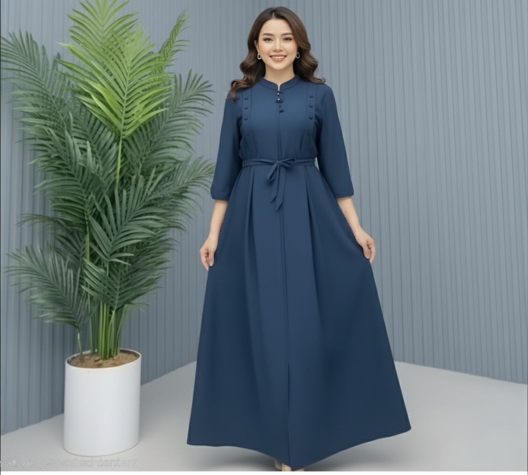 Blue Chiffon Abaya – Zip Front Closed Abaya with Belt & Button Detail