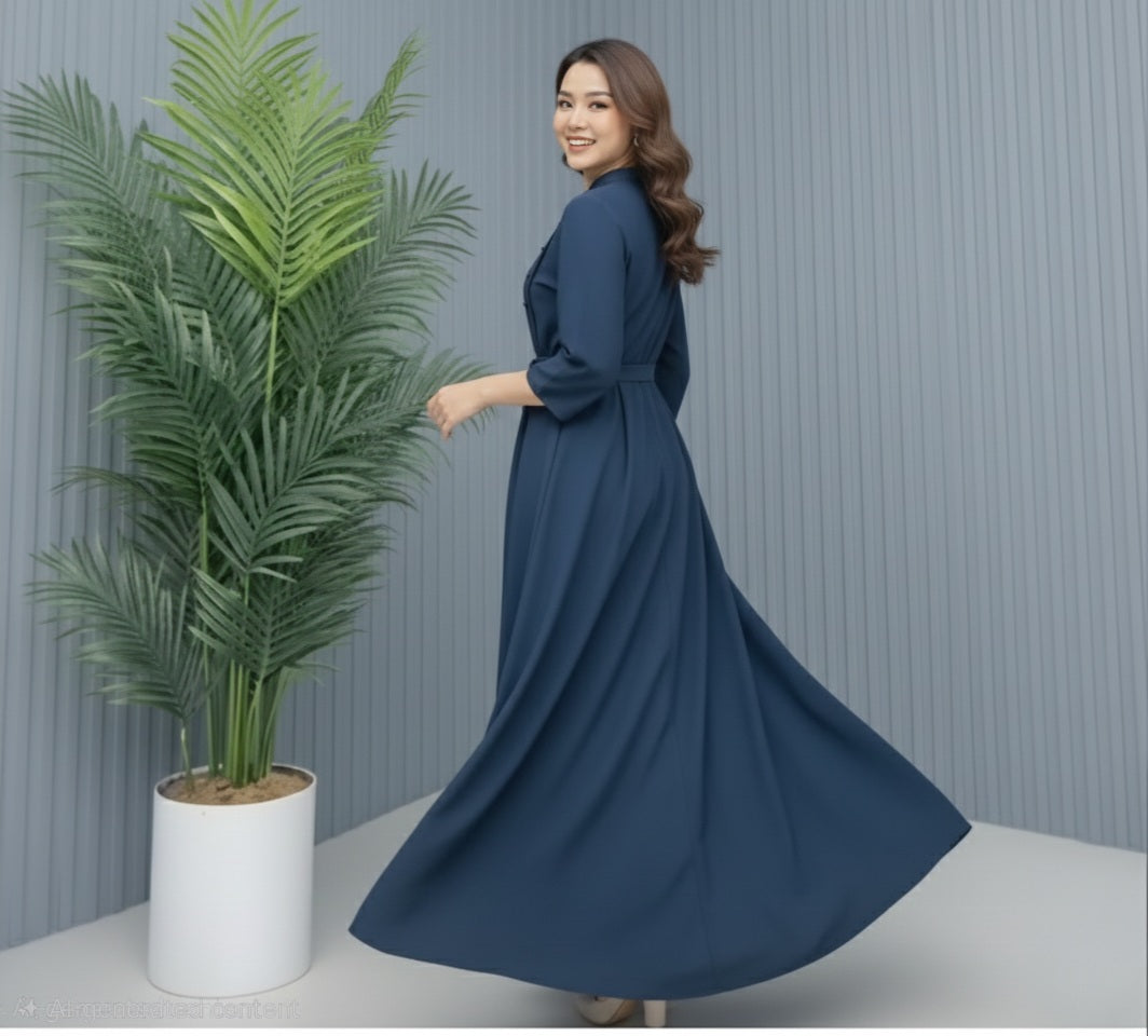 Blue Chiffon Abaya – Zip Front Closed Abaya with Belt & Button Detail