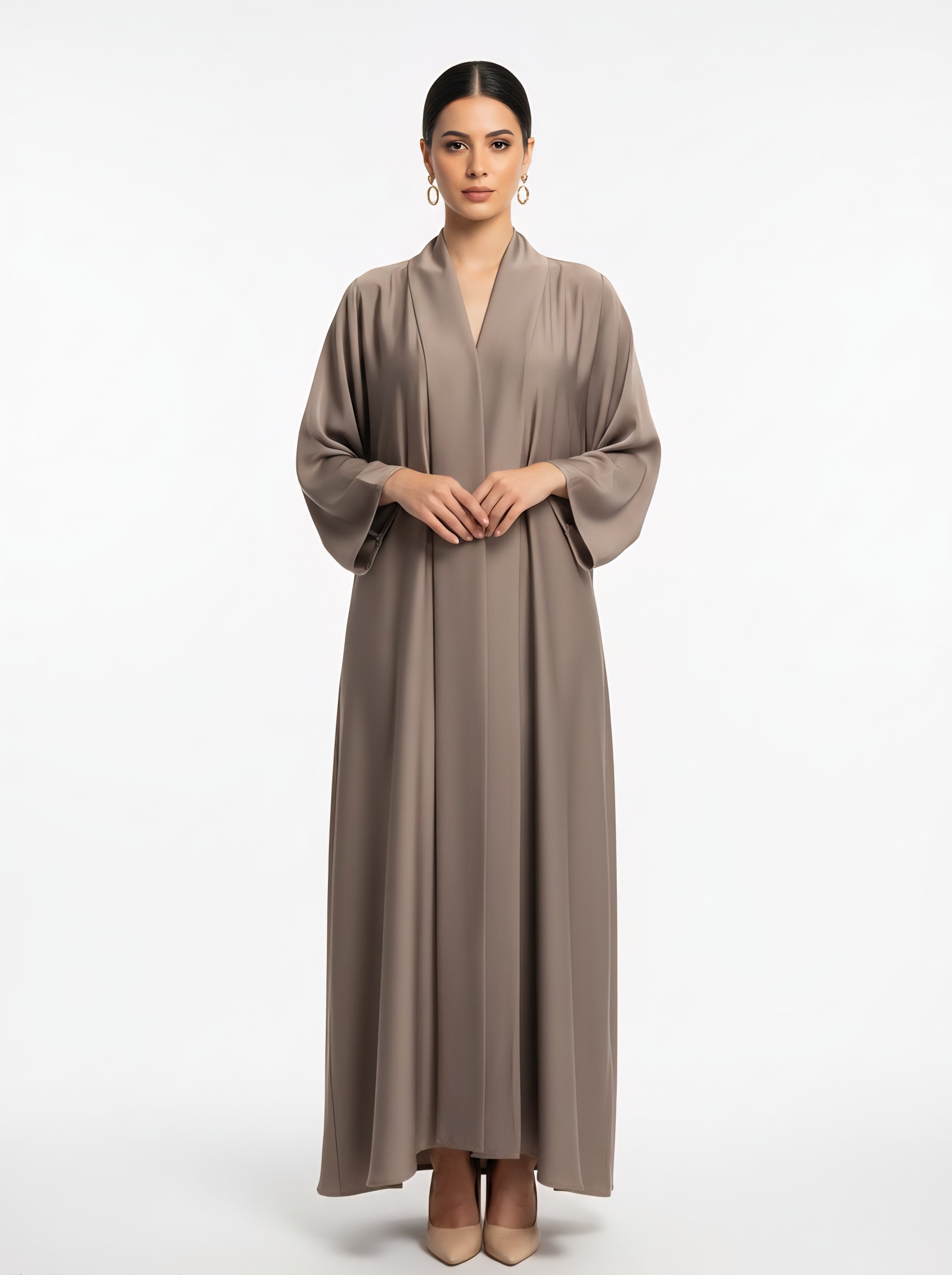 Taupe Chiffon Abaya – Elegant Closed Abaya with Pockets