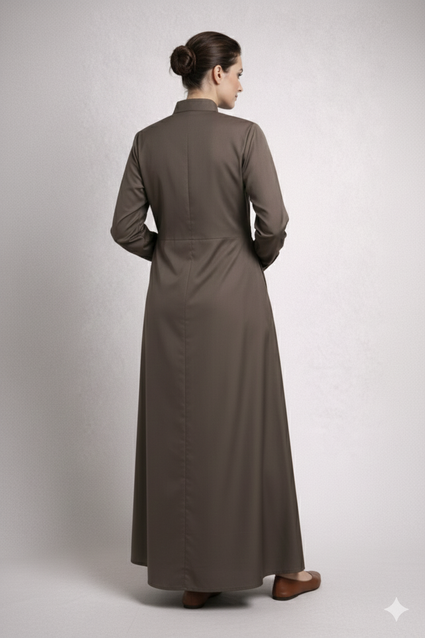 Muted Taupe Chiffon Abaya – Zip Front Closed Abaya with Belt & Button Detail