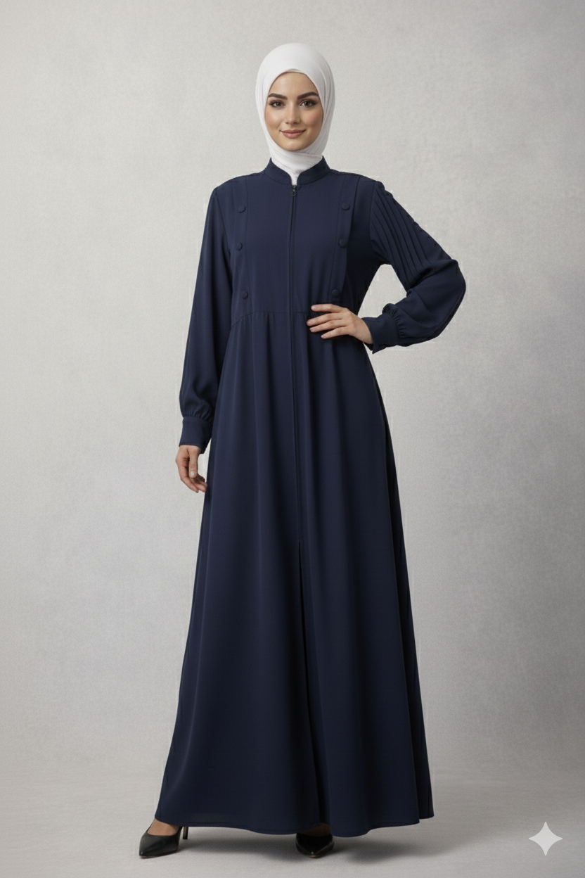Navy Blue Chiffon Abaya – Zip Front Closed Abaya with Belt & Button Detail
